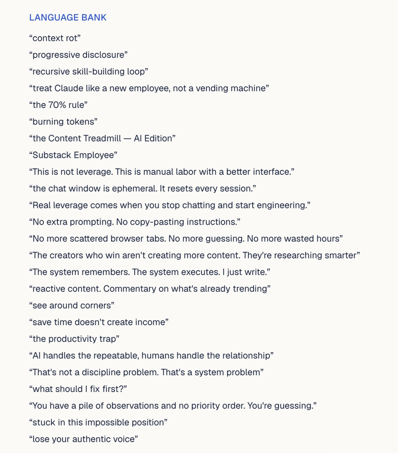 The Language Bank section from AI Offer Crafter's analysis output — verbatim phrases extracted from the creator's published content, ready to use as offer copy