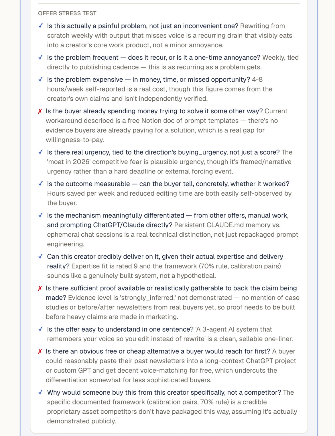 The Offer Stress Test section of AI Offer Crafter's analysis output — twelve pass/fail questions with the tool's reasoning for each; nine passed and three failed (questions 4, 9, and 11)