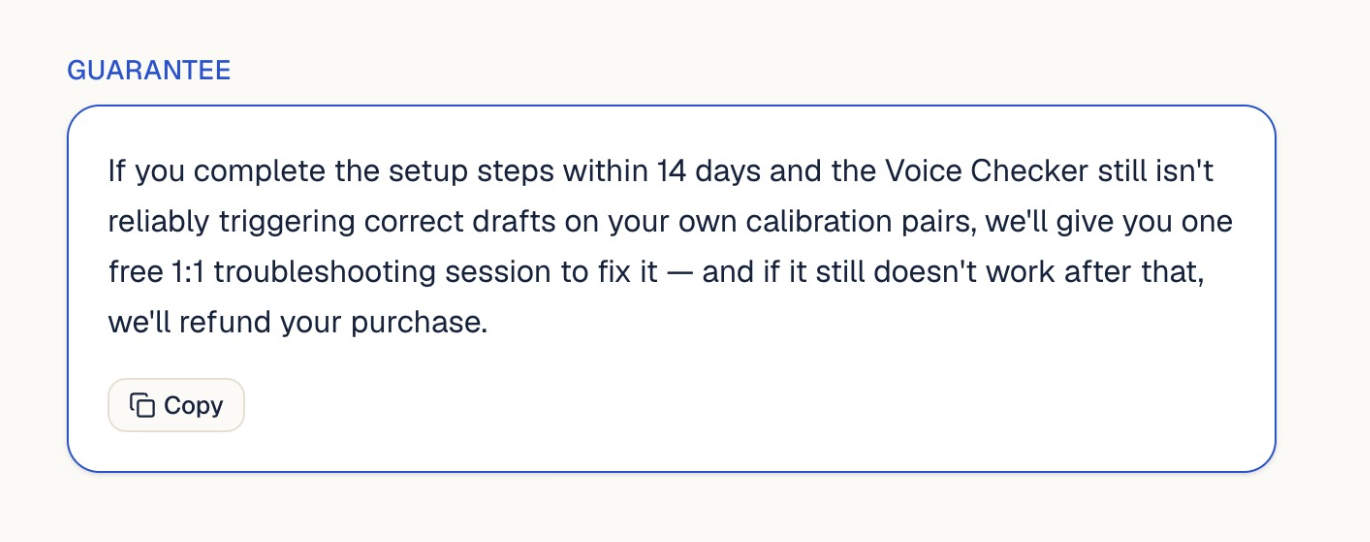 The guarantee section of a package output: a 14-day setup window, a failure condition tied to the Voice Checker working on the buyer's own calibration pairs, a free 1:1 troubleshooting session, then a full refund